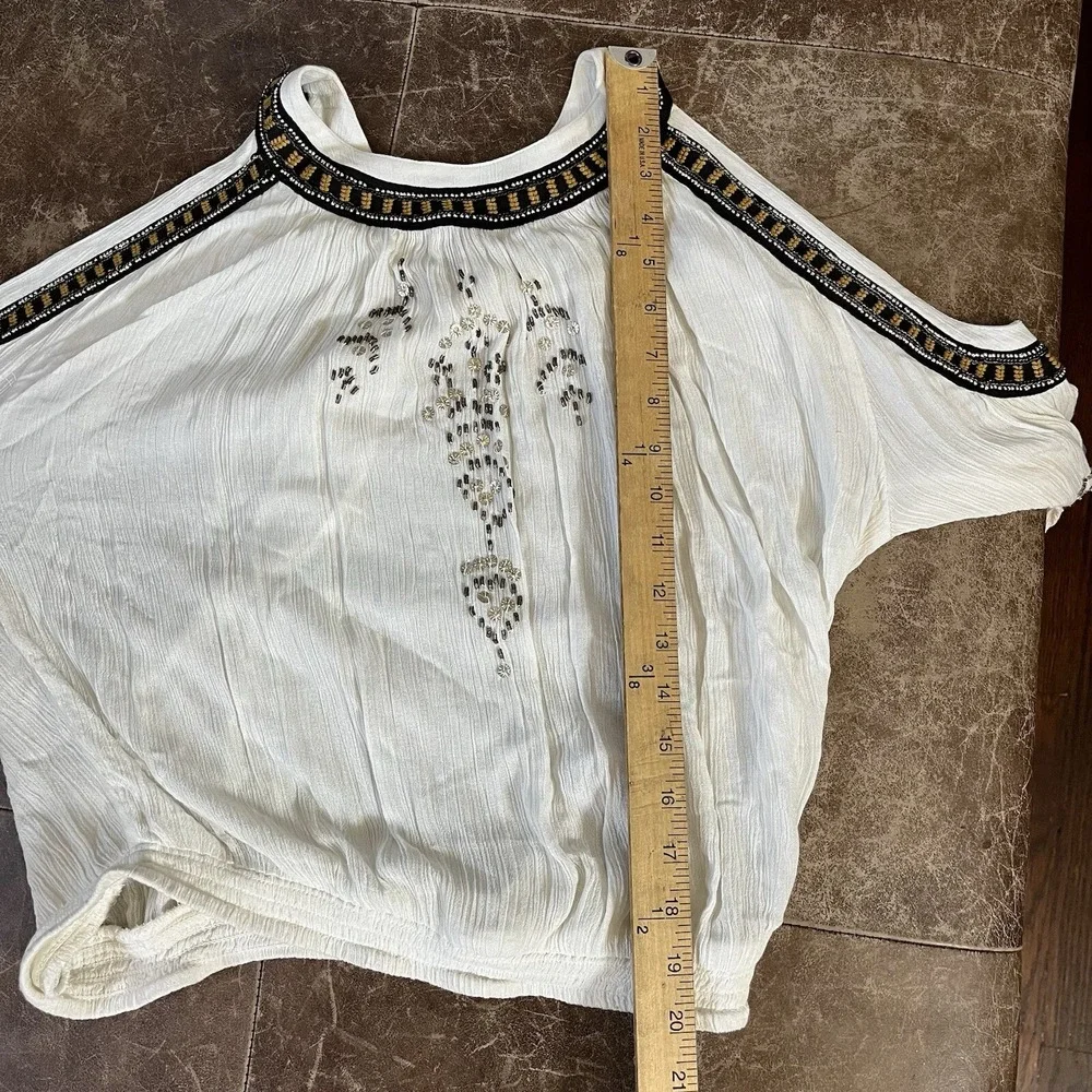 Free People Cold Shoulder Blouse Womens XS White Beaded Embroidered Boho Top